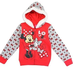 ONE LEFT Minnie Mouse Red Hoodie 3T Disney Red Grey Glitter Furry Hood Trim